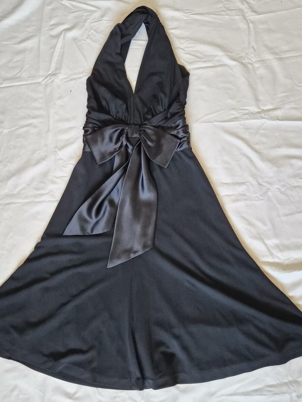 White House Black Market Mod Cross Back Black Halter Satin Bow A-Line Dress